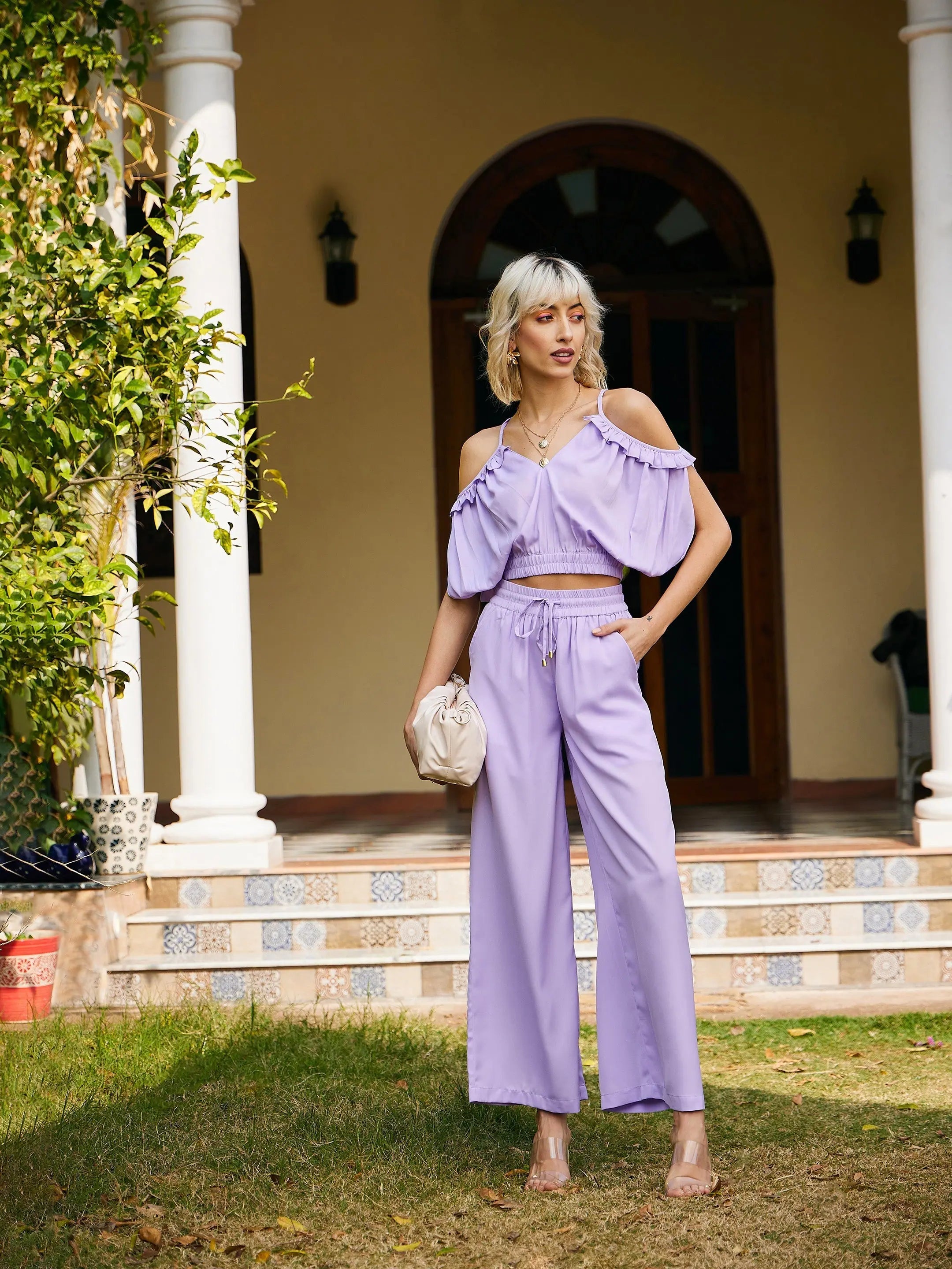 Women Solid Standard Lavender Jumpsuits & Sets