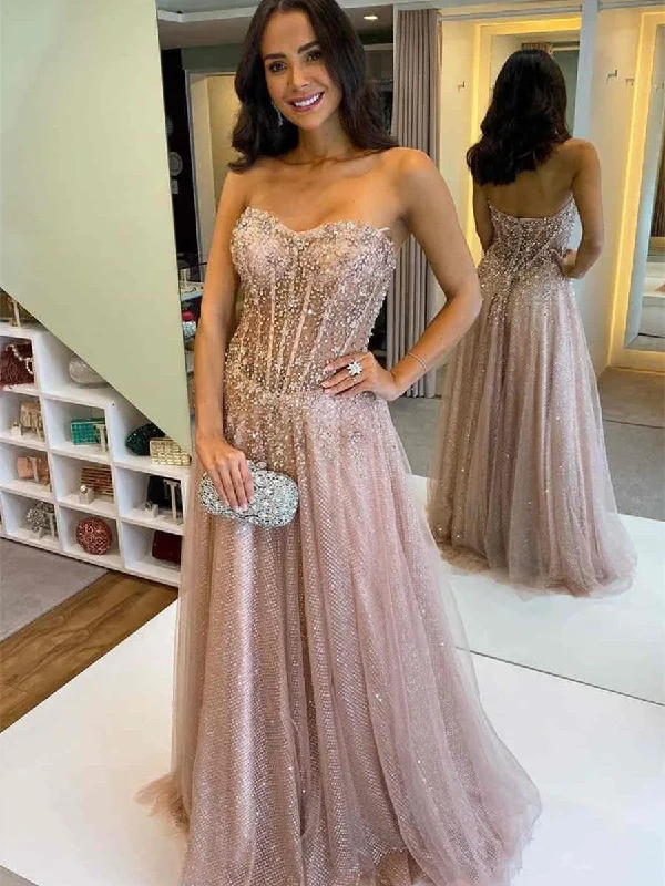 Sweetheart Rose Sequin Tulle Beaded Prom Dresses, Sparkle Prom Dresses, 2021 Prom Dresses