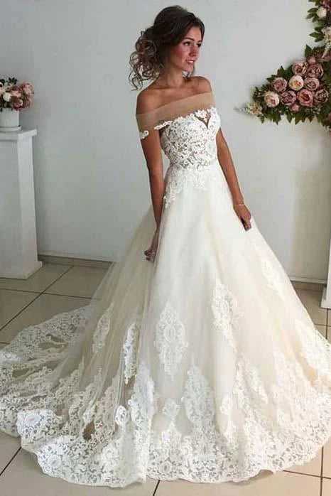 Affordable Lace Unique Off the Shoulder Online Charming Long Tulle Wedding Dress