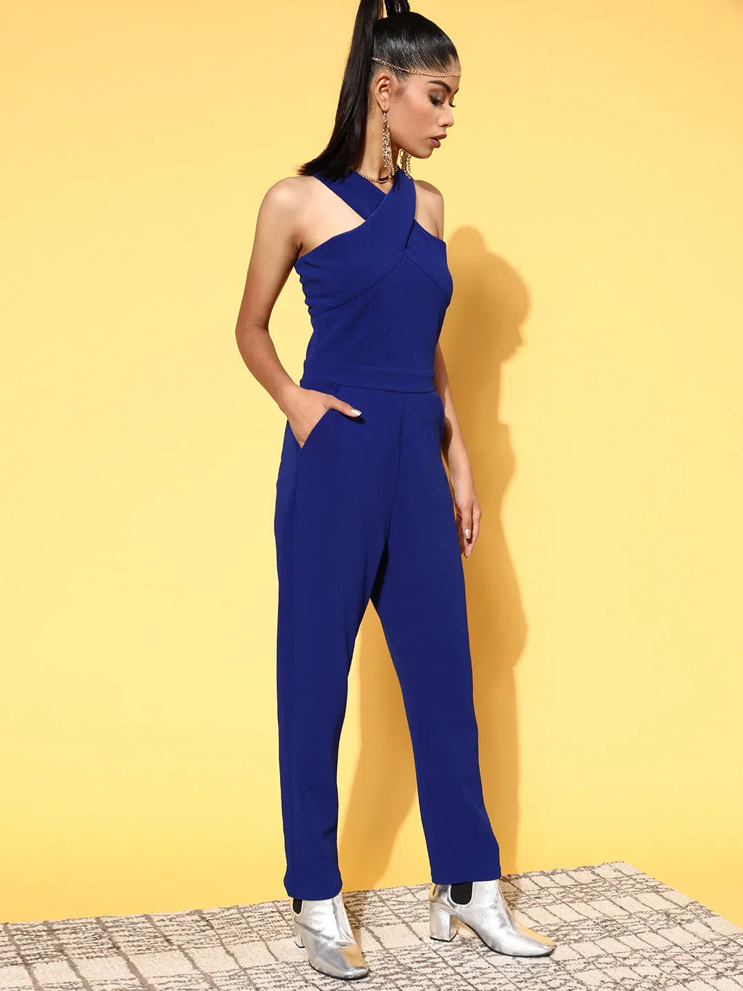 Women Solid Standard Blue Jumpsuits & Sets