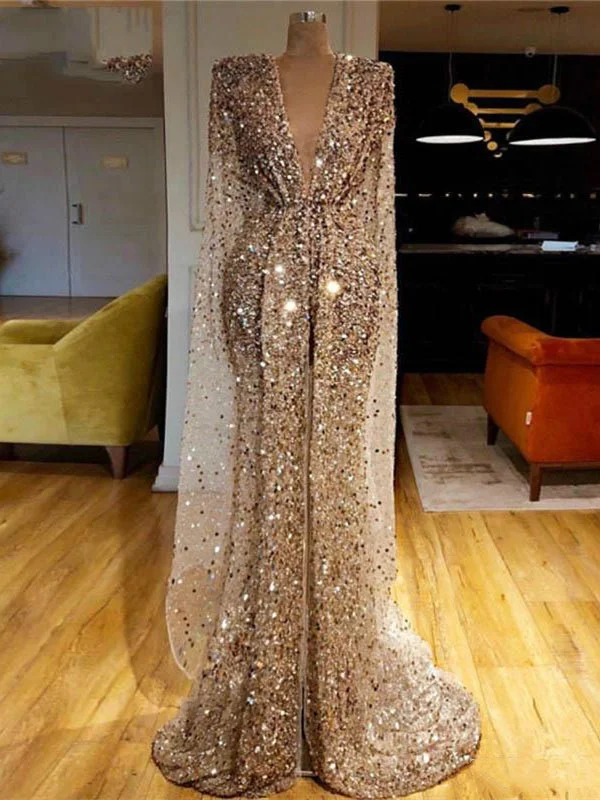 Deep V-neck Long Sleeves Saprkle Sequin Prom Dresses, Sexy 2021 Prom Dresses, New Prom Dresses