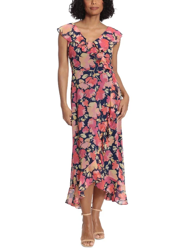 Petites Womens Chiffon Floral Maxi Dress