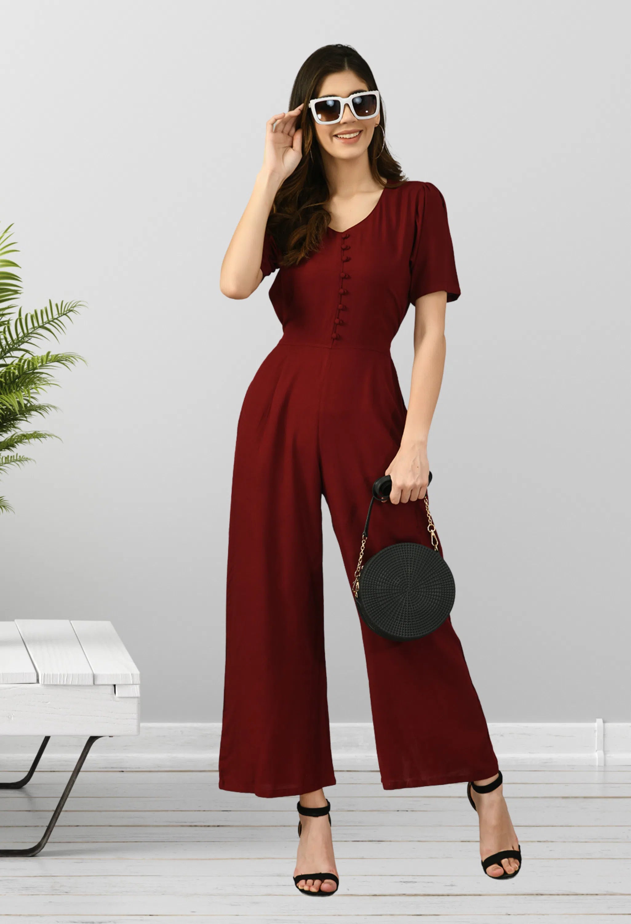 Women Solid Standard Maroon Jumpsuits & Sets