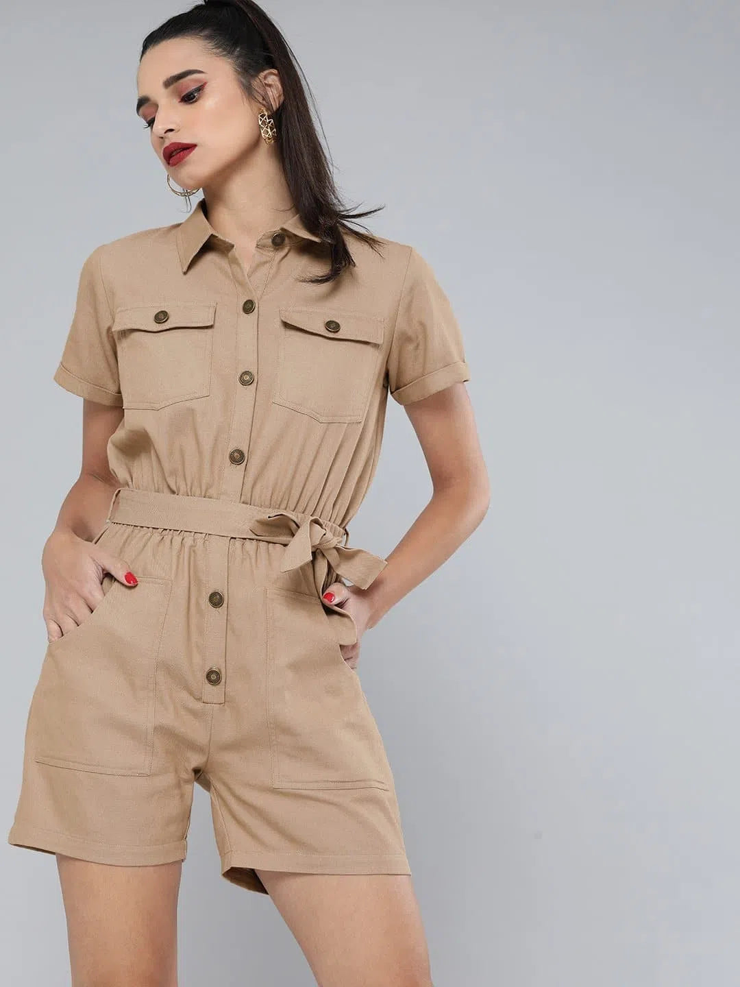 Women Solid Beige Jumpsuits & Sets