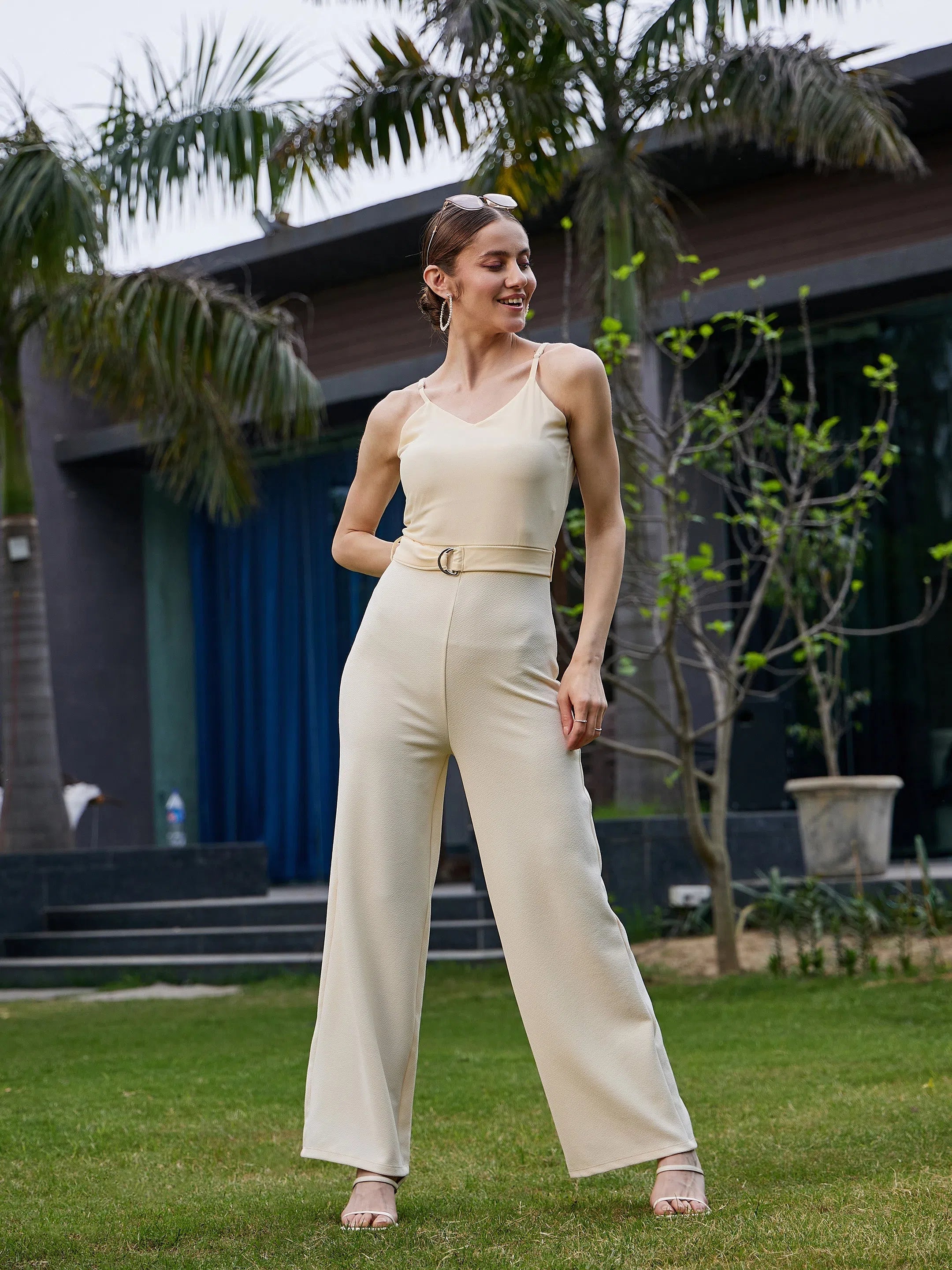 Women Solid Standard Off White Jumpsuits & Sets