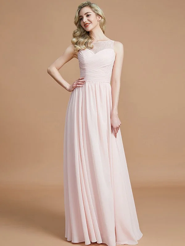 A-Line Bateau Sleeveless With Ruched Floor-Length Chiffon Bridesmaid Dresses