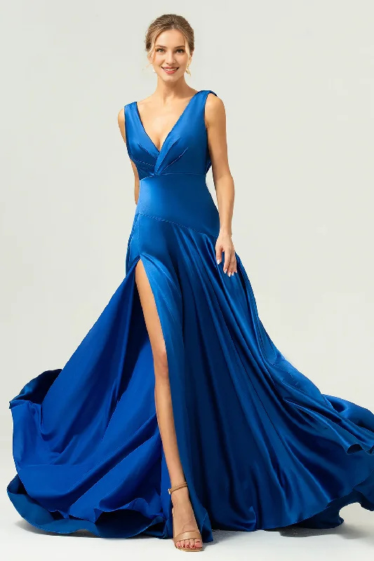 A-line V-neck satin pleated long slit dark blue bridesmaid dress