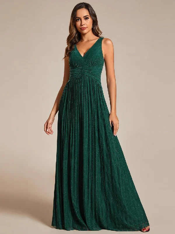 Glittery Pleated Empire Waist Sleeveless Formal Evening Dress