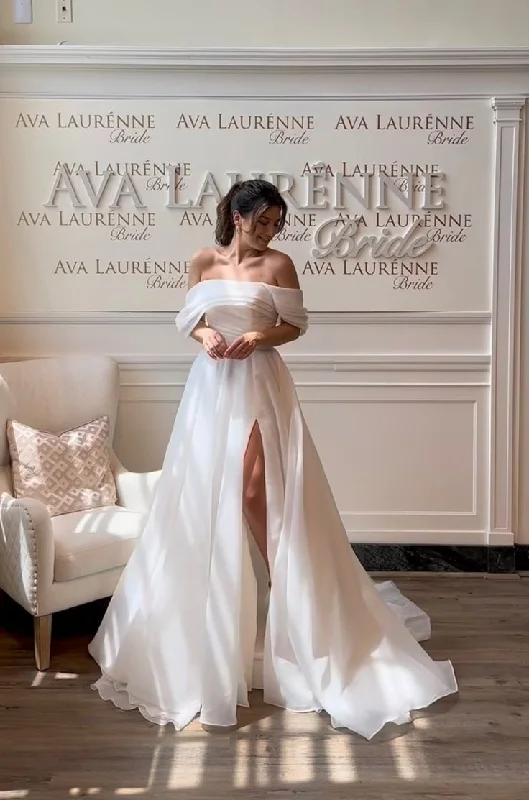 Off Shoulder Sleeve Sexy Slit Wedding Dress