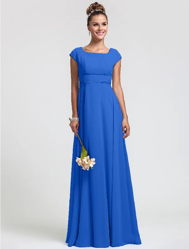 Bridesmaid Dress Square Neck Short Sleeve Elegant Floor Length Chiffon with Sash Ribbon Pleat