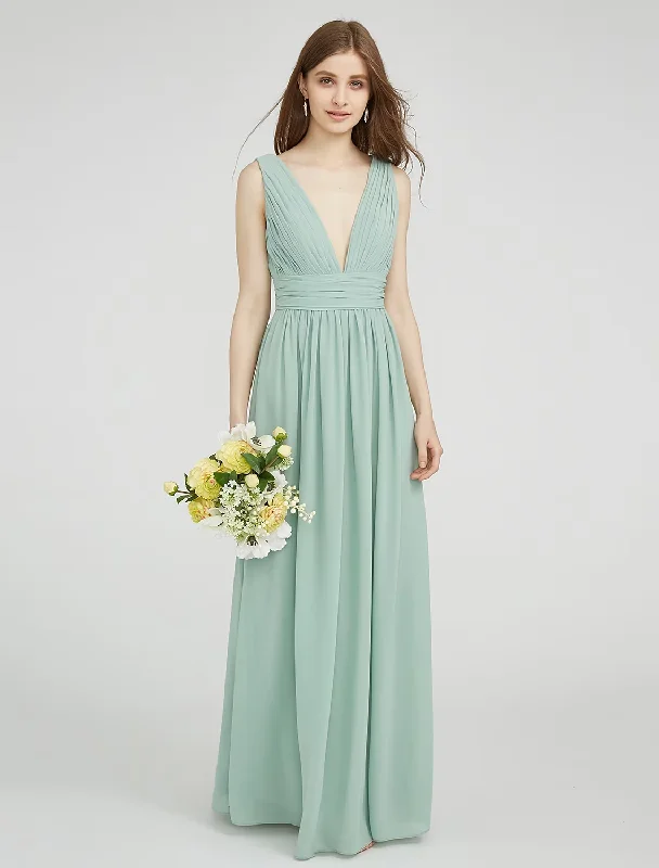 Sheath  Column Bridesmaid Dress V Neck Sleeveless Elegant Floor Length Chiffon with Ruched  Side Draping