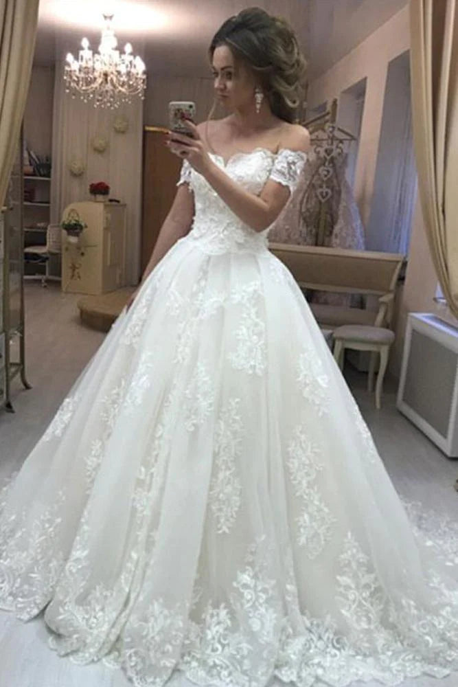 Gorgeous Ball Gown Off the Shoulder Sweetheart Open Back Tulle Lace Wedding Dresses