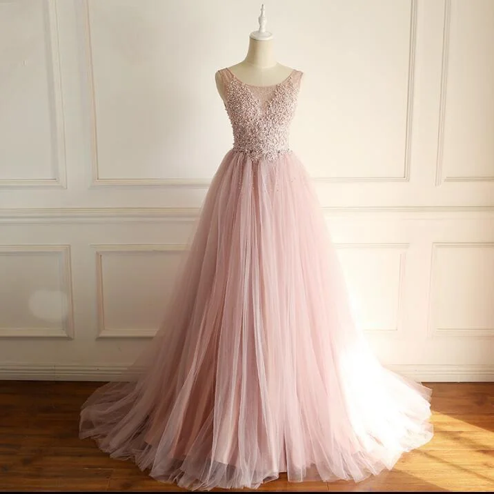 Scoop Dusty Pink Fashion Modest Wedding Dresses, Beading Tulle High Quality Free Custom Prom Dresses, WD0287