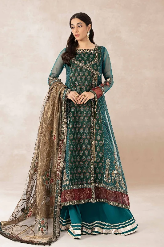 Classic Teal Blue Embroidered Pakistani Party Wear Anghrakha Frock