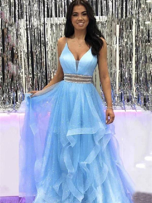 Sky Blue Sequin Tulle Prom Dresses, A-line Prom Dresses, Shiny Prom Dresses, 2021 Prom Dresses, Cheap Prom Dresses