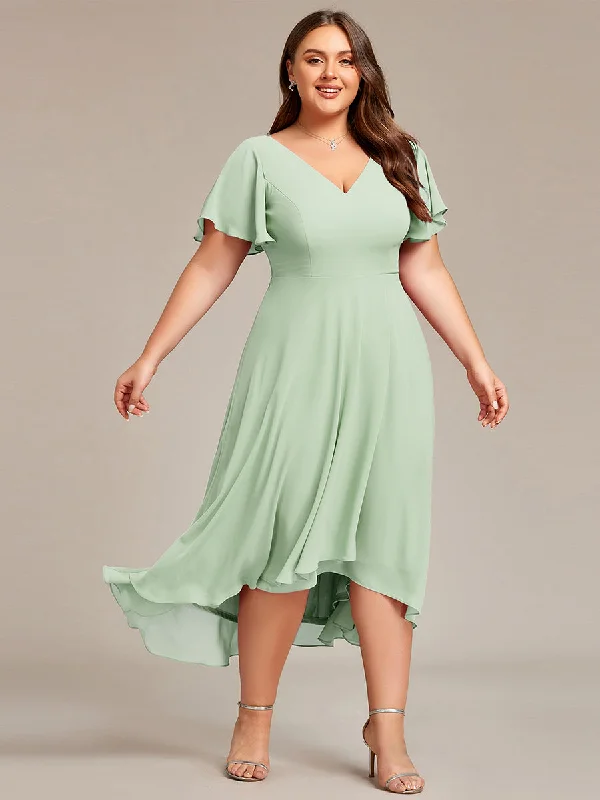 Plus Size V-Neck High Low CHiffon Ruffles Wholesale Evening Dresses