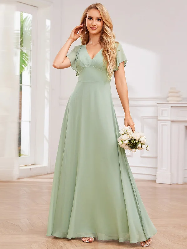 Elegant Bandage Backless Chiffon Evening Dresses with Ruffles Sleeve