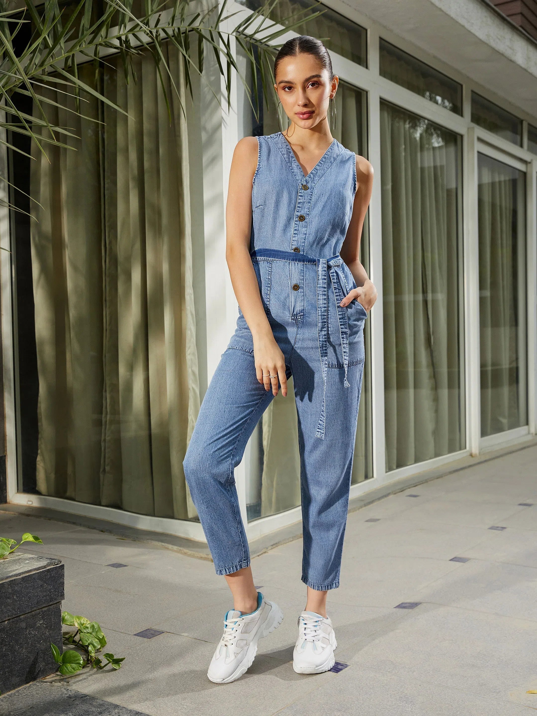 Women Solid Standard Blue Jumpsuits & Sets