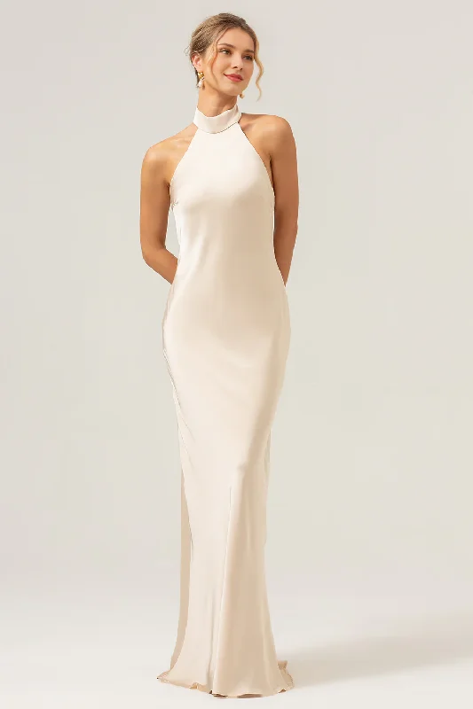 Champagne neck hanging backless slit long satin bridesmaid dress