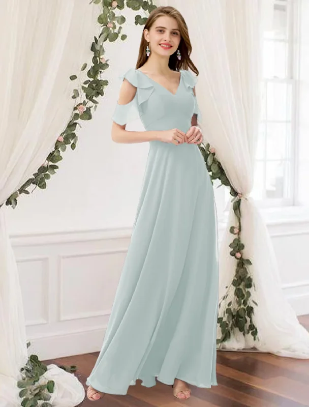 A-Line Bridesmaid Dress V Neck Sleeveless Elegant Floor Length Chiffon with Pleats  Ruffles