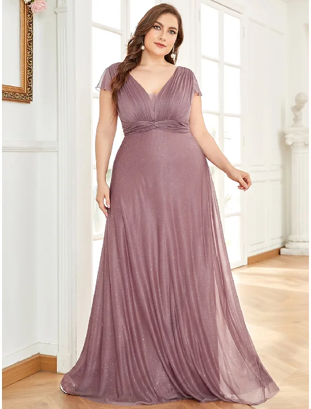 Bridesmaid Dress V Neck Short Sleeve Plus Size Floor Length Chiffon with Tier / Solid Color