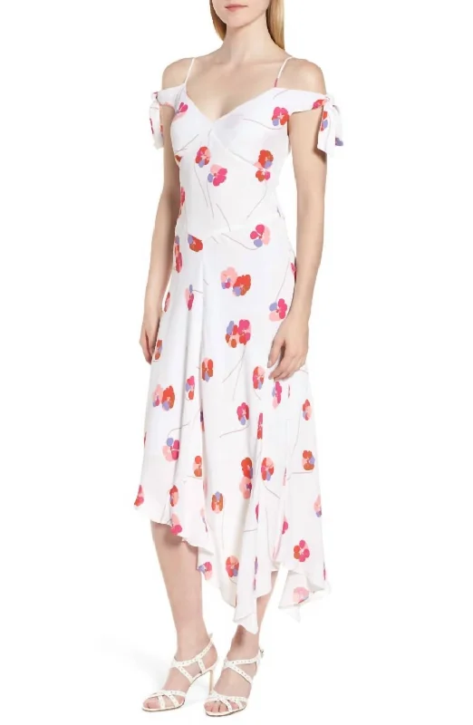 Tie Sleeve Cold Shoulder Floral Midi Flounce Dress In Multicolor