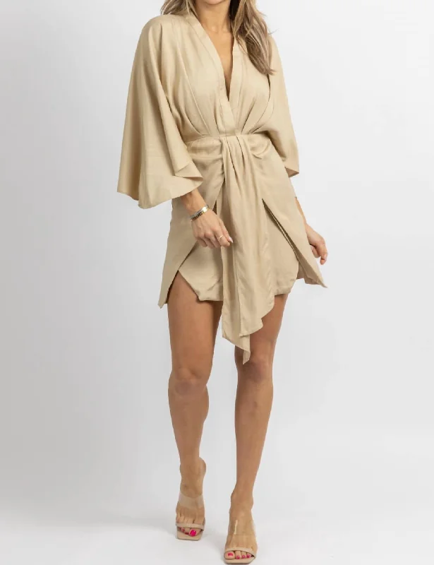 Linen Dolman Sleeve Mini Dress In Taupe