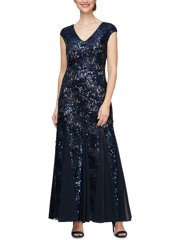 Petites Womens Sequined Maxi Evening Dress