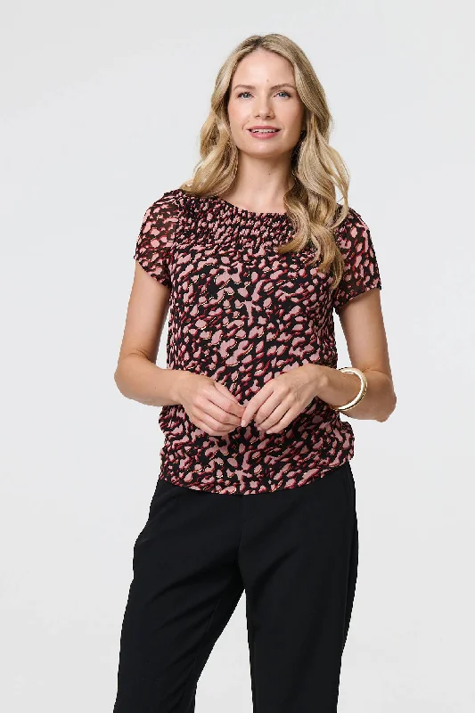 Animal Print Sparkle Trim Cap Sleeve Top