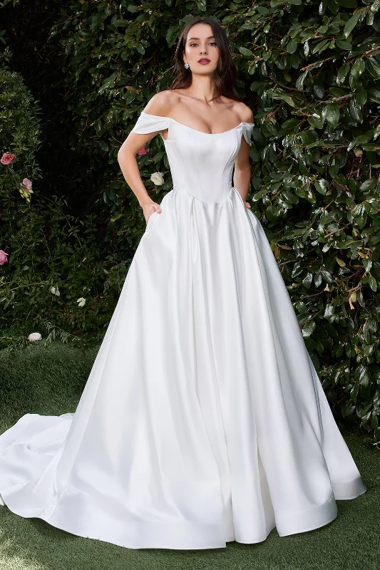 Satin off shoulder and floor length wedding dress