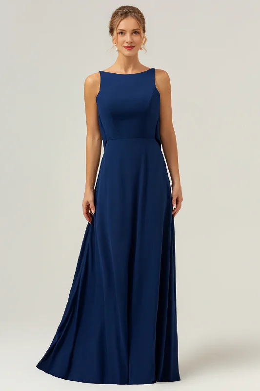 Fish tail backless long chiffon navy blue sleeveless bridesmaid dress