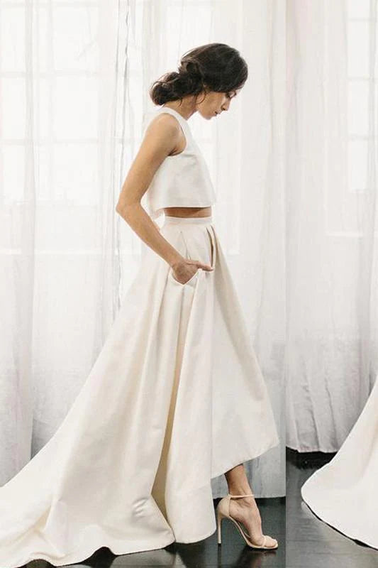 Chic Two Pieces Satin Ivory High Neck High Low Wedding Dresses with Pockets Bridal Dress