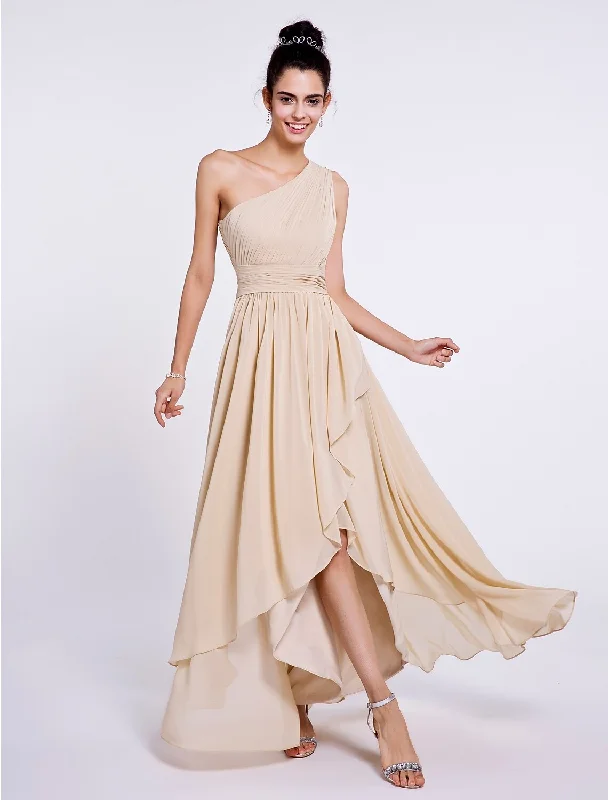 A-Line / Ball Gown One Shoulder Asymmetrical Chiffon Bridesmaid Dress with Sash / Ribbon / Side Draping