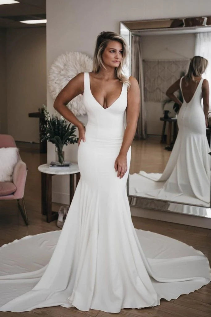 Chic V Neck Mermaid Wedding Dresses Ivory Satin Long Cheap Beach Wedding Gowns