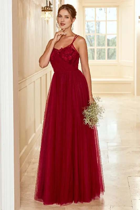 Wine red lace thin shoulder strap and floor length bridesmaid dress