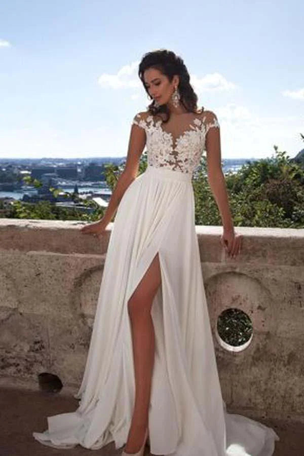 A-Line Top Lace Appliques Side Slit Chiffon Cap Sleeves Cheap Wedding Dress