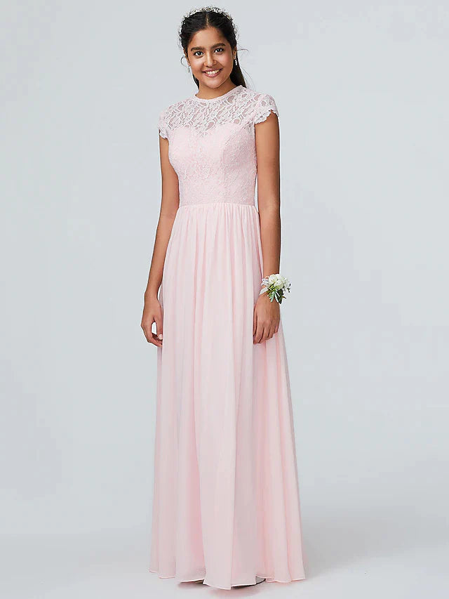 A-Line Bridesmaid Dress Jewel Neck Sleeveless Elegant Floor Length Chiffon with Lace