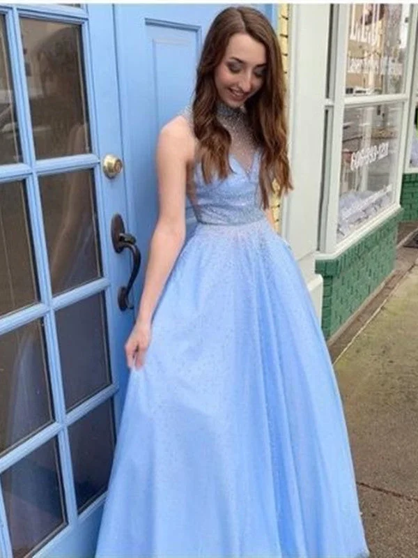 Modest Light Blue Shiny Long Prom Dresses, A-line Evening Party 2020 Prom Dresses