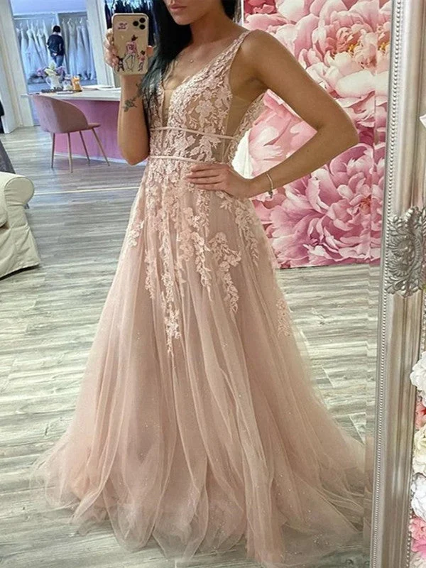 A-line V-neck Lace Long Prom Dresses, Formal Popular Lace 2021 Prom Dresses