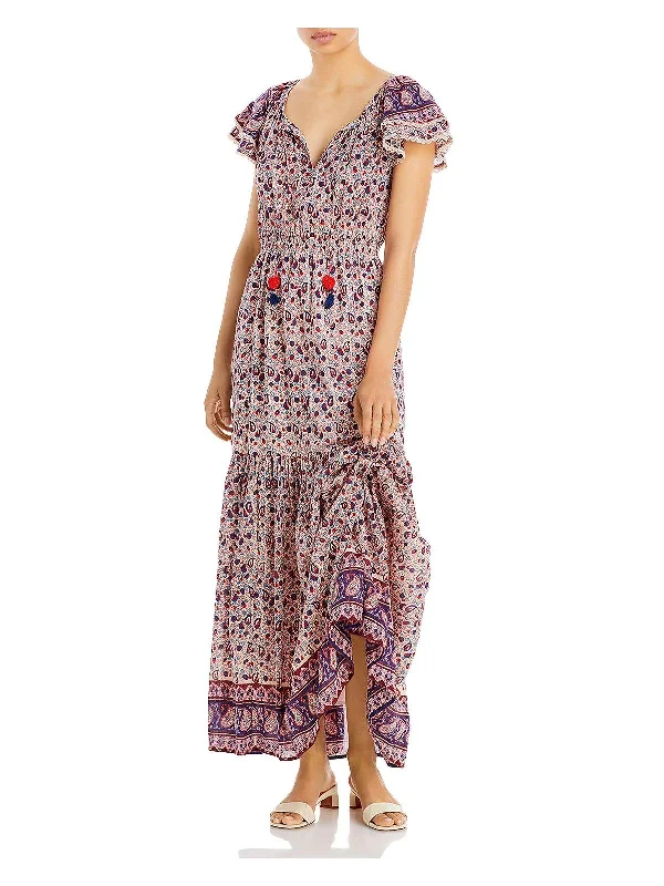 Womens Floral Tie Neck Maxi Dress