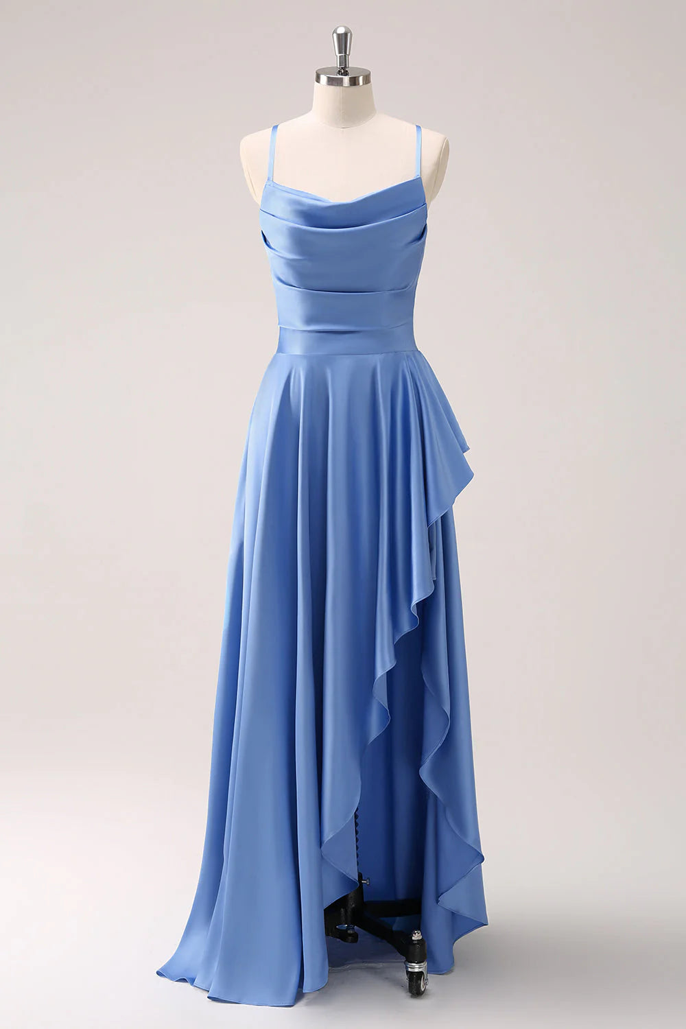 Blue A-line satin asymmetrical ruffle edge slit bridesmaid dress