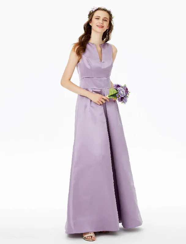 A-Line Bridesmaid Dress Notched Sleeveless Elegant Floor Length Satin with Pleats / Pocket