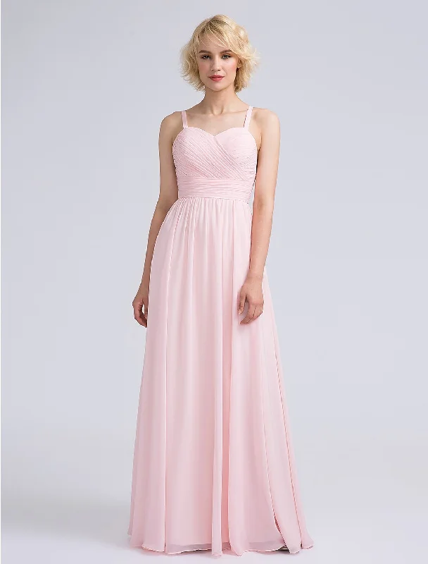 A-Line Bridesmaid Dress Spaghetti Strap Sleeveless Elegant Floor Length Chiffon with Sash / Ribbon / Bow(s) / Criss Cross