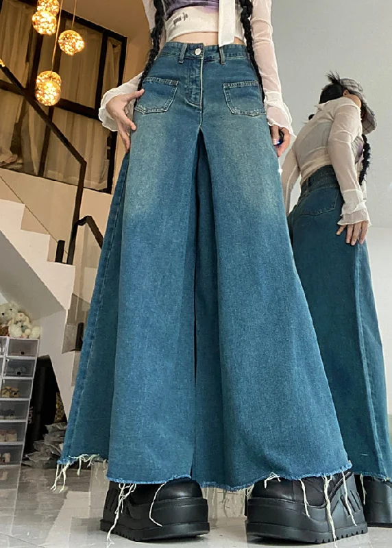 Modern Blue Button Pockets High Waist Denim Pants Fall