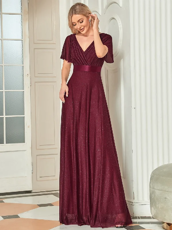 Deep V Neck Ruffles Sleeve A Line Wholesale Evening Dresses