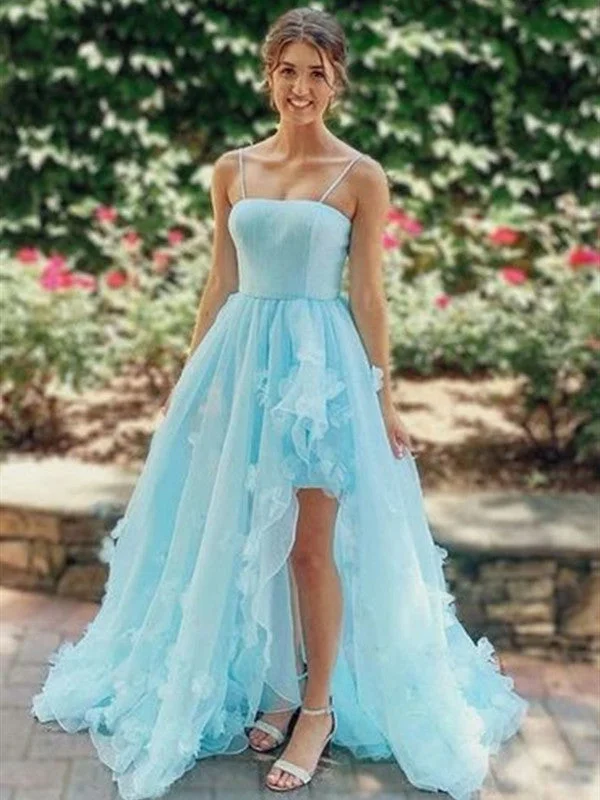 High Low Light Blue A-line Long Prom Dresses, 2021 Evening Party Prom Dresses