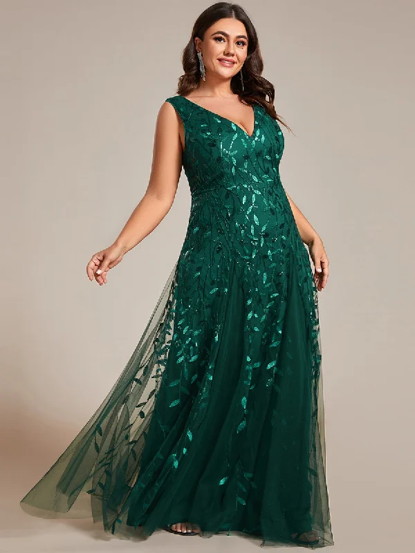 Plus Shiny V-Neck Sequin Sleeveless Evening Dress with Tulle