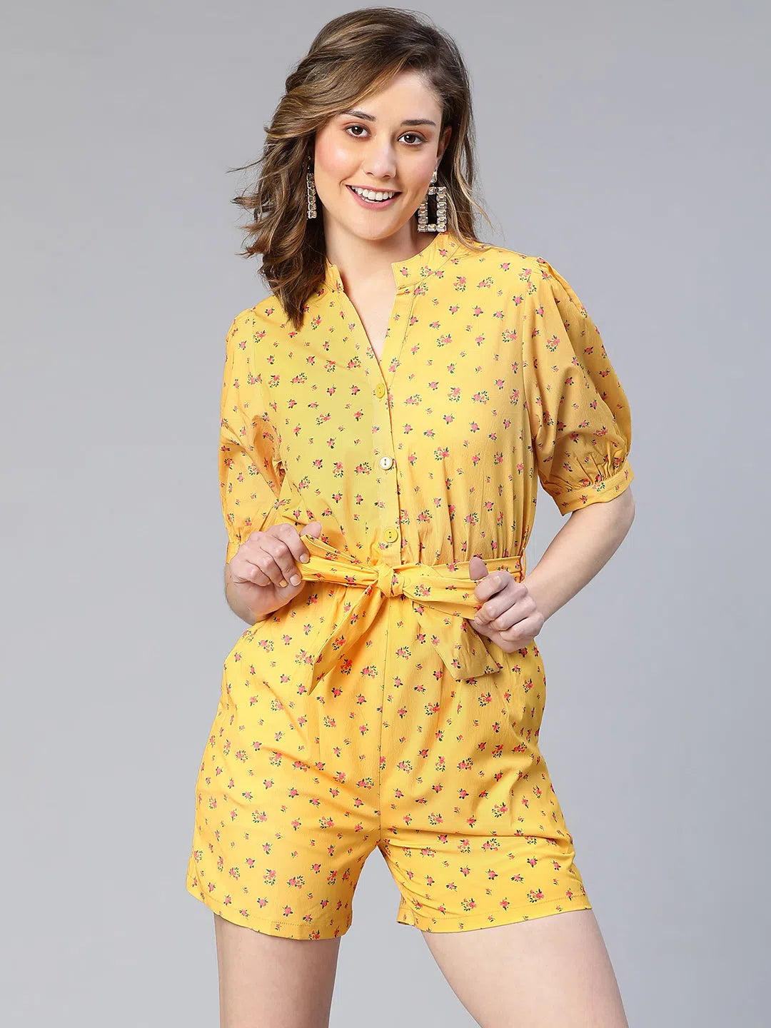 Women Yellow Floral Print Tie-Knot Polyester Belted Playsuit-S23028WOV001