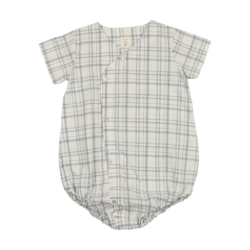 Analogie Side Button Romper - Light Blue Plaid