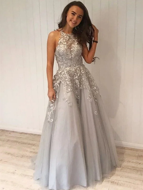 Grey Lace Formal Graduation Evening Dresses, A-line Lace 2021 Long Prom Dresses